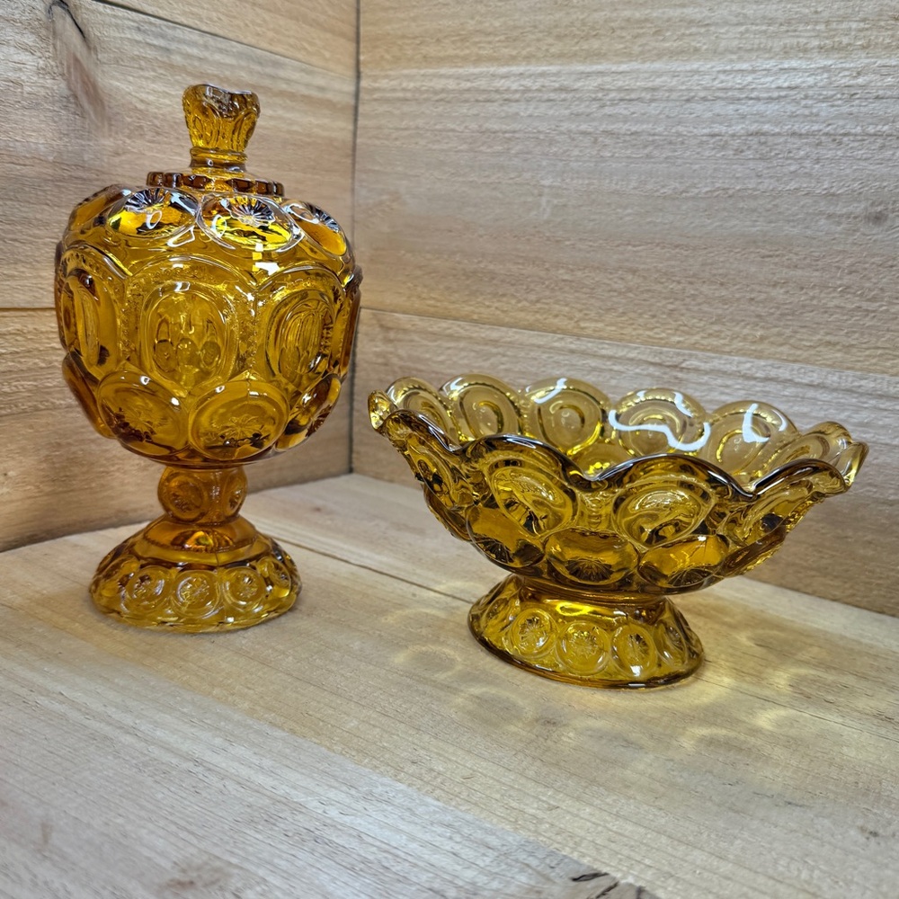 Vintage Smoked Brown Amber LE Smith Moon and Stars Compote Candy Dishes with Lid